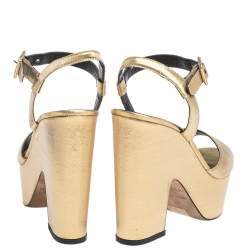 Le Silla Gold Lame Fabric Open Toe Ankle Strap Platform Block Heel Wedge Sandals Size 36