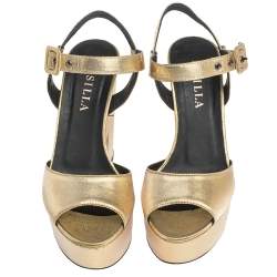 Le Silla Gold Lame Fabric Open Toe Ankle Strap Platform Block Heel Wedge Sandals Size 36