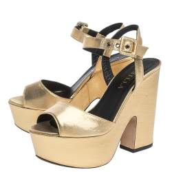 Le Silla Gold Lame Fabric Open Toe Ankle Strap Platform Block Heel Wedge Sandals Size 36