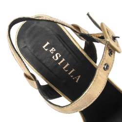 Le Silla Gold Lame Fabric Open Toe Ankle Strap Platform Block Heel Wedge Sandals Size 36
