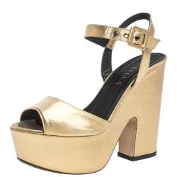 Le Silla Gold Lame Fabric Open Toe Ankle Strap Platform Block Heel Wedge Sandals Size 36