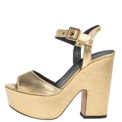 Le Silla Gold Lame Fabric Open Toe Ankle Strap Platform Block Heel Wedge Sandals Size 36