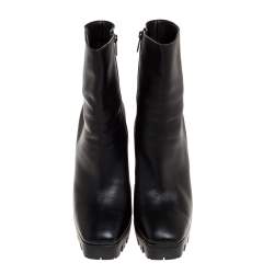 Pre Owned Le Silla Black Leather Mid Calf Square Toe Platform Boots Size 38.5