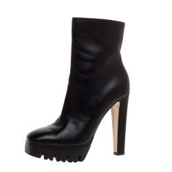 Pre Owned Le Silla Black Leather Mid Calf Square Toe Platform Boots Size 38.5