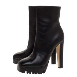 Pre Owned Le Silla Black Leather Mid Calf Square Toe Platform Boots Size 38.5