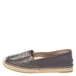 Pre Owned Le Silla Grey Leather Crystal Embellished Espadrille Flats Size 38