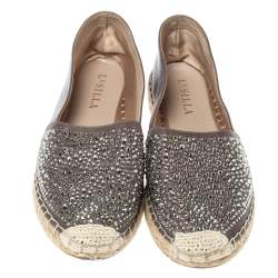 Pre Owned Le Silla Grey Leather Crystal Embellished Espadrille Flats Size 38