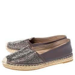 Pre Owned Le Silla Grey Leather Crystal Embellished Espadrille Flats Size 38