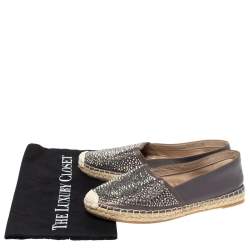 Pre Owned Le Silla Grey Leather Crystal Embellished Espadrille Flats Size 38