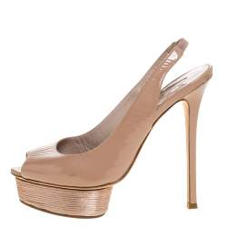 Pre Owned Le Silla Beige Patent Slingback Peep Toe Platform Sandals Size 38.5