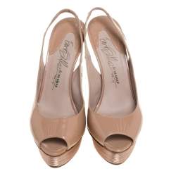 Pre Owned Le Silla Beige Patent Slingback Peep Toe Platform Sandals Size 38.5