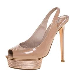 Pre Owned Le Silla Beige Patent Slingback Peep Toe Platform Sandals Size 38.5