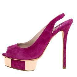 Pre Owned Le Silla Magenta Suede Slingback Peep Toe Platform Sandals Size 38.5