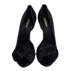 Pre Owned Le Silla Black Satin Bow D'Orsay Peep Toe Pumps Size 37