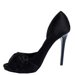 Pre Owned Le Silla Black Satin Bow D'Orsay Peep Toe Pumps Size 37