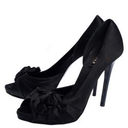 Pre Owned Le Silla Black Satin Bow D'Orsay Peep Toe Pumps Size 37