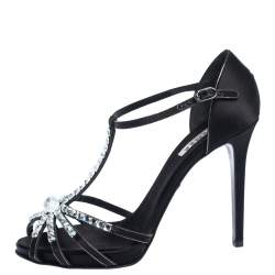 Pre Owned Le Silla Black Satin Crystal Embellished Platform Strappy Sandals Size 39