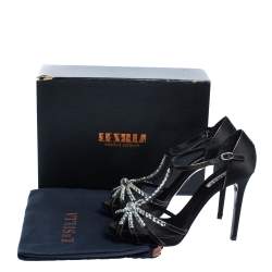 Pre Owned Le Silla Black Satin Crystal Embellished Platform Strappy Sandals Size 39