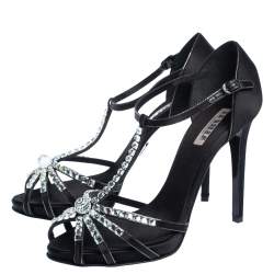 Pre Owned Le Silla Black Satin Crystal Embellished Platform Strappy Sandals Size 39
