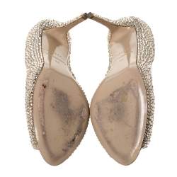 Pre Owned Le Silla Gold Glitter Leather Crystal Embellished Peep Toe Pumps Size 36