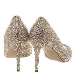 Pre Owned Le Silla Gold Glitter Leather Crystal Embellished Peep Toe Pumps Size 36