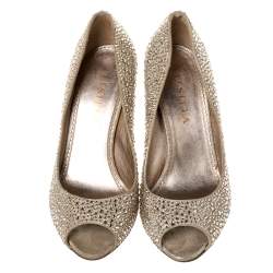 Pre Owned Le Silla Gold Glitter Leather Crystal Embellished Peep Toe Pumps Size 36
