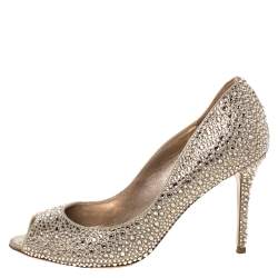 Pre Owned Le Silla Gold Glitter Leather Crystal Embellished Peep Toe Pumps Size 36
