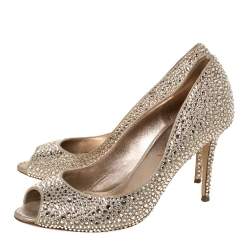 Pre Owned Le Silla Gold Glitter Leather Crystal Embellished Peep Toe Pumps Size 36