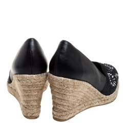 Le Silla Black Leather And Suede Embellished Wedge Espadrille Pumps Size 37