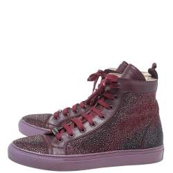 Pre Owned Le Silla Burgundy Crystal Embellished Leather High Top Sneakers Size 38