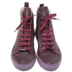 Pre Owned Le Silla Burgundy Crystal Embellished Leather High Top Sneakers Size 38