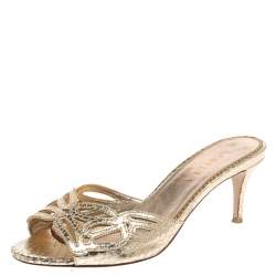 Le Silla Golden Python Embossed Leather Laser Cut Slide Sandals Size 36