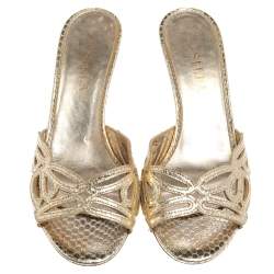 Le Silla Golden Python Embossed Leather Laser Cut Slide Sandals Size 36