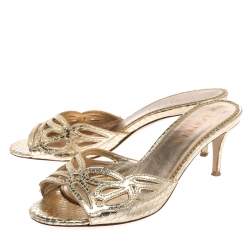 Le Silla Golden Python Embossed Leather Laser Cut Slide Sandals Size 36