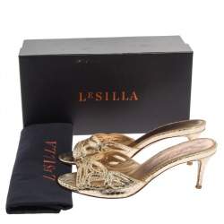 Le Silla Golden Python Embossed Leather Laser Cut Slide Sandals Size 36