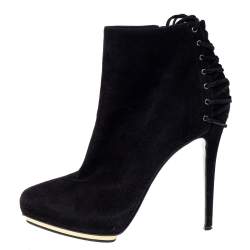 Pre Owned Le Silla Black Suede Lace Detail Heel Ankle Boots Size 40