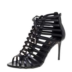 Pre Owned Le Silla Black Leather Cage  Ankle Lace Up Sandals Size 37.5