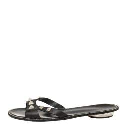 Le Silla Black Leather Studded Flat Slide Sandals Size 40