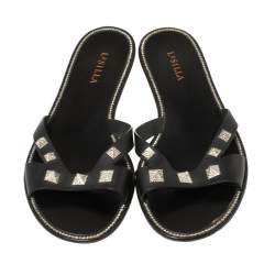 Le Silla Black Leather Studded Flat Slide Sandals Size 40