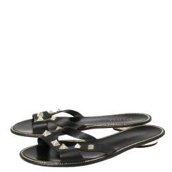 Le Silla Black Leather Studded Flat Slide Sandals Size 40