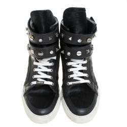 Pre Owned Le Silla Black Calf Hair and Leather Crystal Embellished High Top Sneakers Size 40