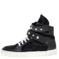 Pre Owned Le Silla Black Calf Hair and Leather Crystal Embellished High Top Sneakers Size 40