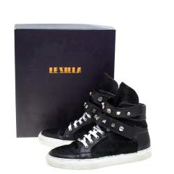 Pre Owned Le Silla Black Calf Hair and Leather Crystal Embellished High Top Sneakers Size 40