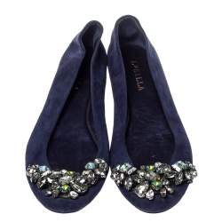Le Silla Blue Suede Crystal Embellished  Ballet Flats Size 36