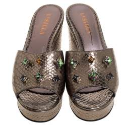  Le Silla Metallic Gold Python Effect Leather Crystal Embellished Wedge Platforms Size 39