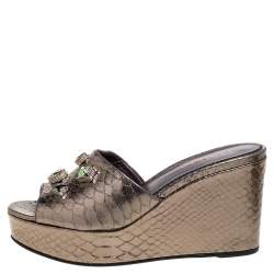  Le Silla Metallic Gold Python Effect Leather Crystal Embellished Wedge Platforms Size 39