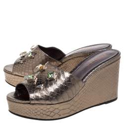  Le Silla Metallic Gold Python Effect Leather Crystal Embellished Wedge Platforms Size 39