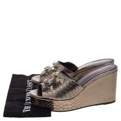  Le Silla Metallic Gold Python Effect Leather Crystal Embellished Wedge Platforms Size 39