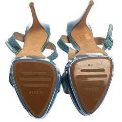 Le Silla Blue Croc Embossed Leather Embossed T-Strap Platform Sandals Size 37