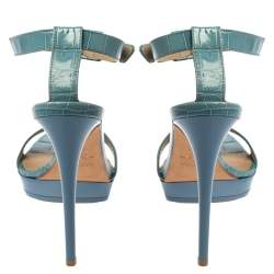 Le Silla Blue Croc Embossed Leather Embossed T-Strap Platform Sandals Size 37